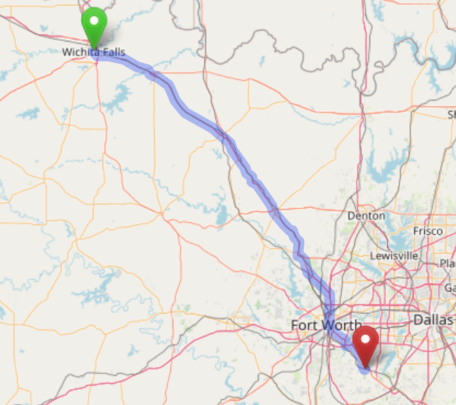 map navigation directions from Wichita Falls Texas to Gallus Detox Dallas