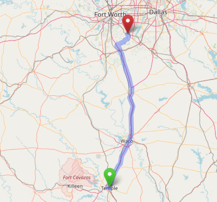 map navigation directions from Temple Texas to Gallus Detox Dallas