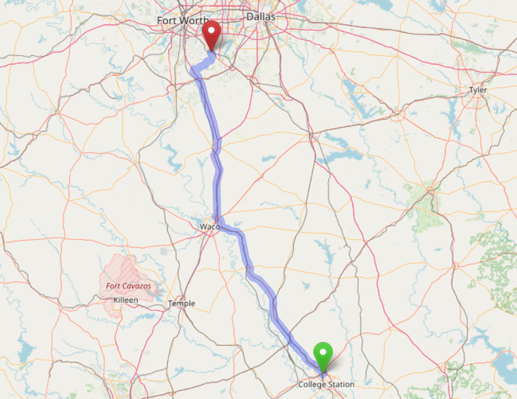 map navigation directions from Bryan Texas to Gallus Detox Dallas