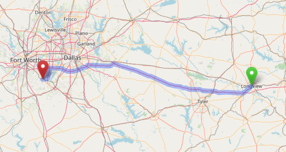 map navigation directions from Longview Texas to Gallus Detox Dallas