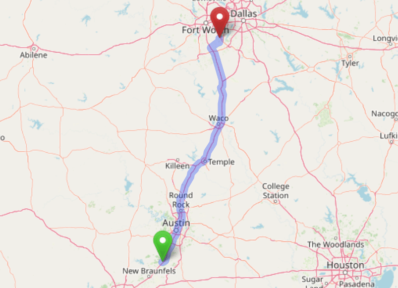 map navigation directions from San Marcos Texas to Gallus Detox Dallas