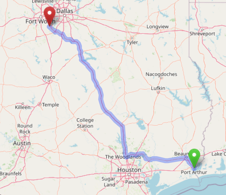 map navigation directions from Port Arthur Texas to Gallus Detox Dallas