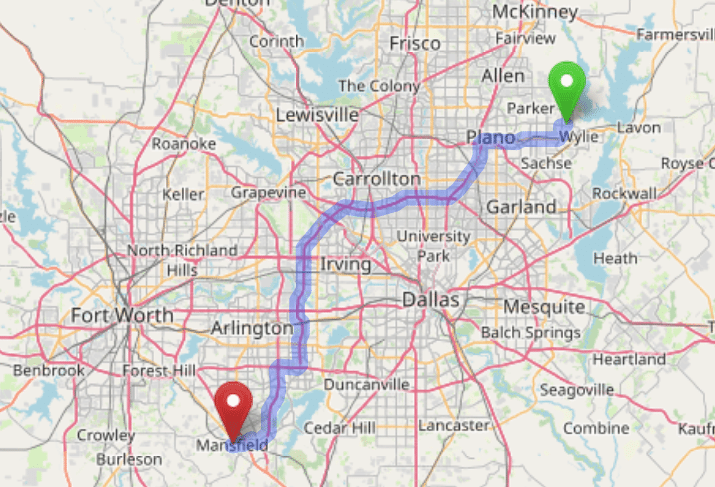 map navigation directions from Huntsville Texas to Gallus Detox Dallas