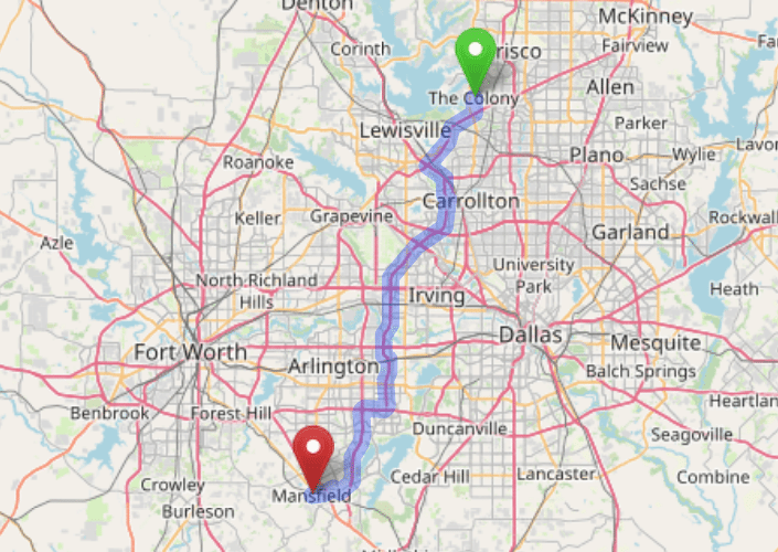 map navigation directions from The Colony Texas to Gallus Detox Dallas