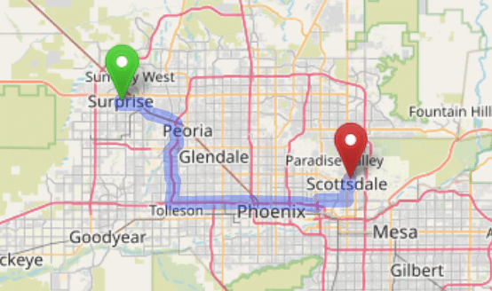 map navigation directions from Surprise AZ to Gallus Detox Scottsdale