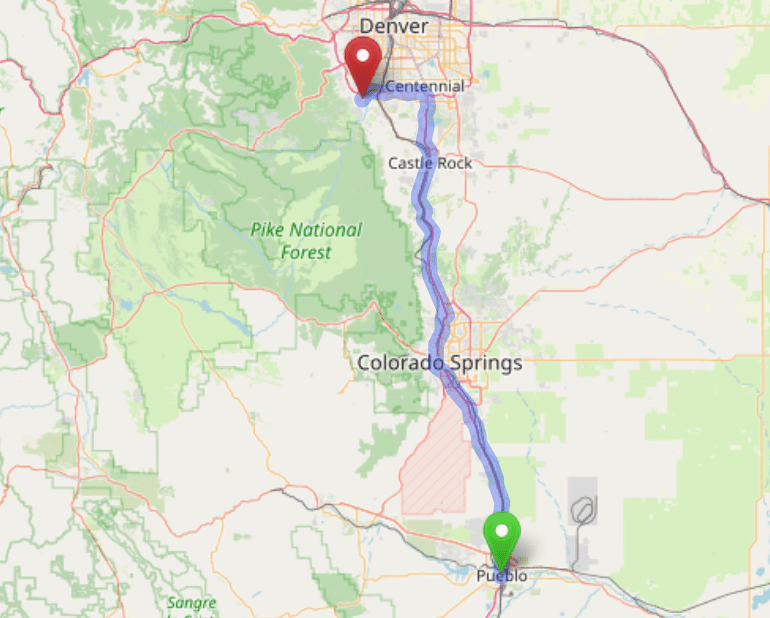 map navigation directions from Pueblo to Gallus Detox Littleton CO
