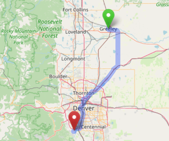 map navigation directions from Greeley to Gallus Detox Littleton CO