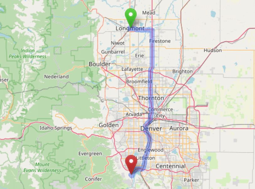 map navigation directions from Longmont to Gallus Detox Littleton CO