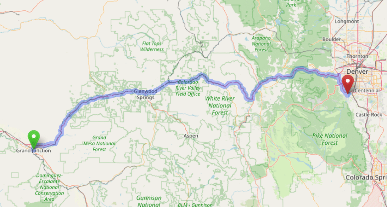 map navigation directions from Grand Junction to Gallus Detox Littleton CO