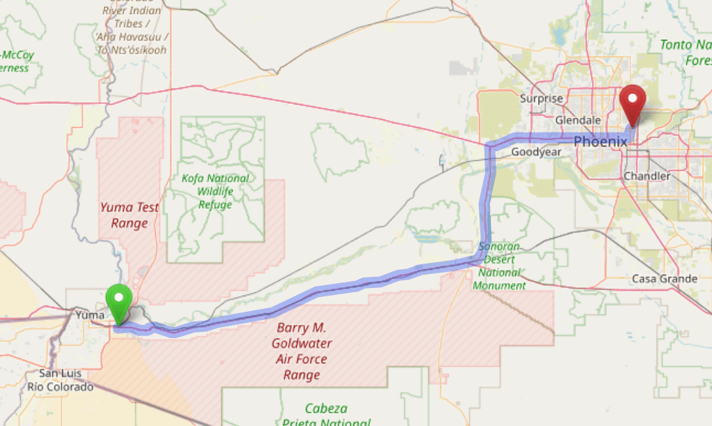 map navigation directions from Yuma AZ to Gallus Detox Scottsdale