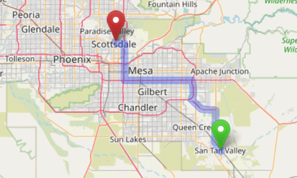 map navigation directions from San Tan Valley AZ to Gallus Detox Scottsdale