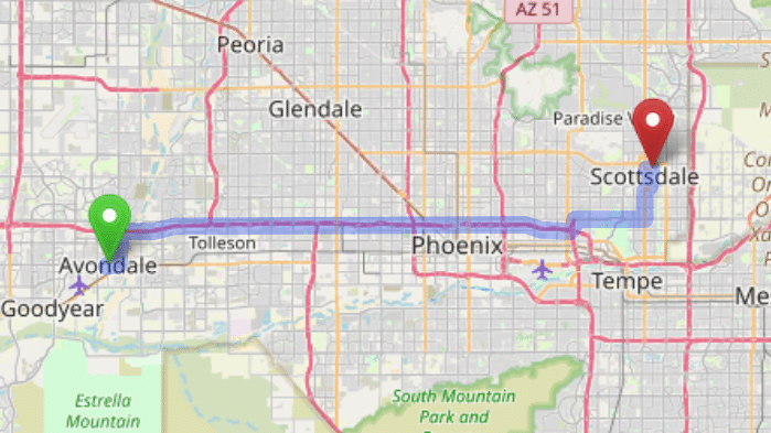map navigation directions from Avondale AZ to Gallus Detox Scottsdale