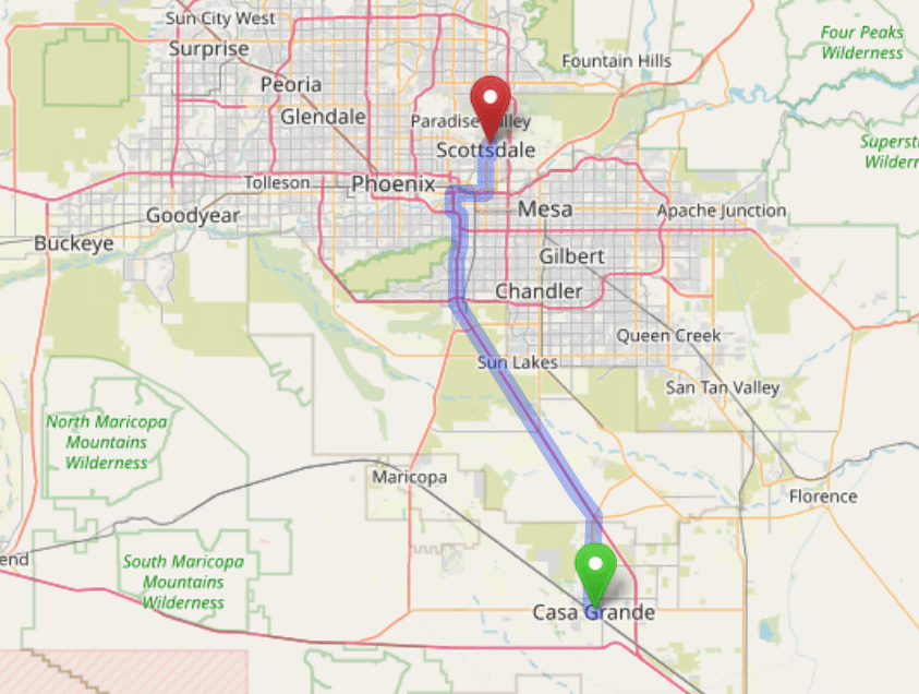 map navigation directions from Casa Grande AZ to Gallus Detox Scottsdale
