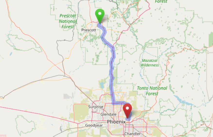 map navigation directions from Prescott Valley AZ to Gallus Detox Scottsdale