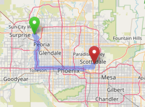 map navigation directions from Sun City AZ to Gallus Detox Scottsdale