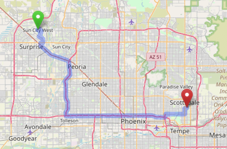 map navigation directions from Sun City West AZ to Gallus Detox Scottsdale