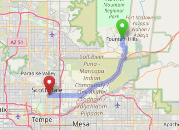 map navigation directions from Fountain Hills AZ to Gallus Detox Scottsdale