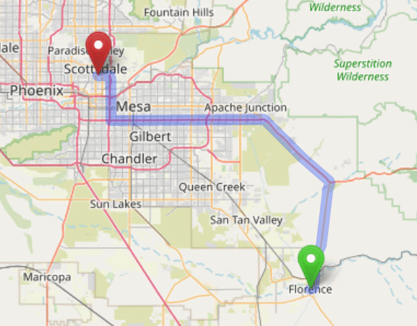 map navigation directions from Florence AZ to Gallus Detox Scottsdale
