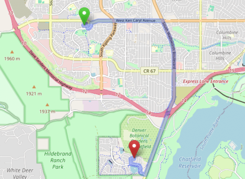 map navigation directions from Ken Caryl to Gallus Detox Littleton CO