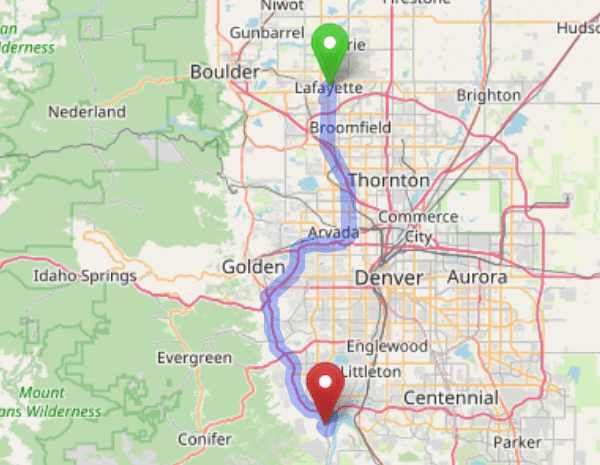 map navigation directions from Lafayette to Gallus Detox Littleton CO