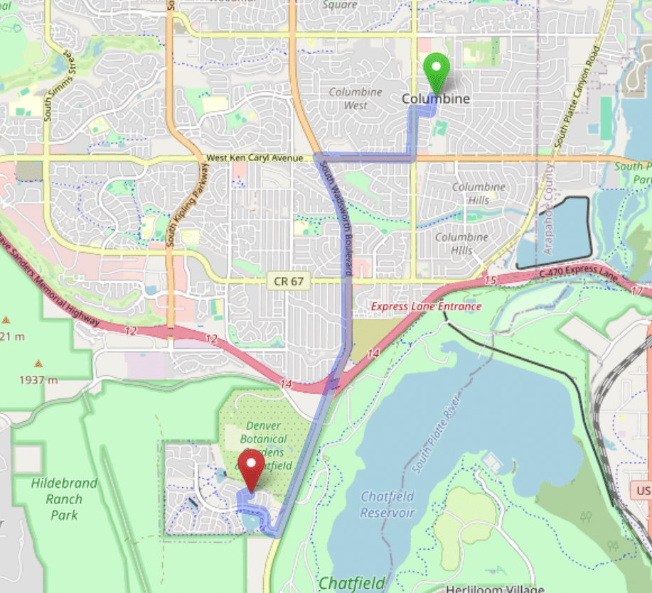 map navigation directions from Columbine to Gallus Detox Littleton CO