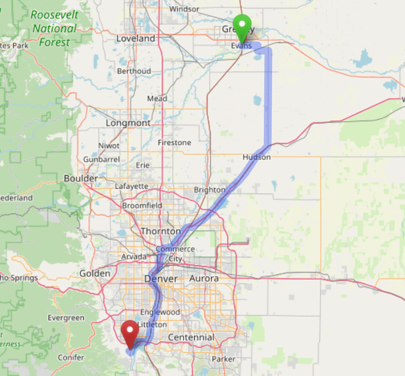 map navigation directions from Evans to Gallus Detox Littleton CO