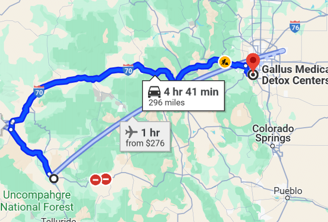map navigation directions from Montrose to Gallus Detox Littleton CO