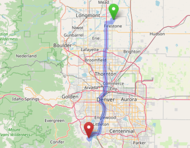 map navigation directions from Firestone to Gallus Detox Littleton CO