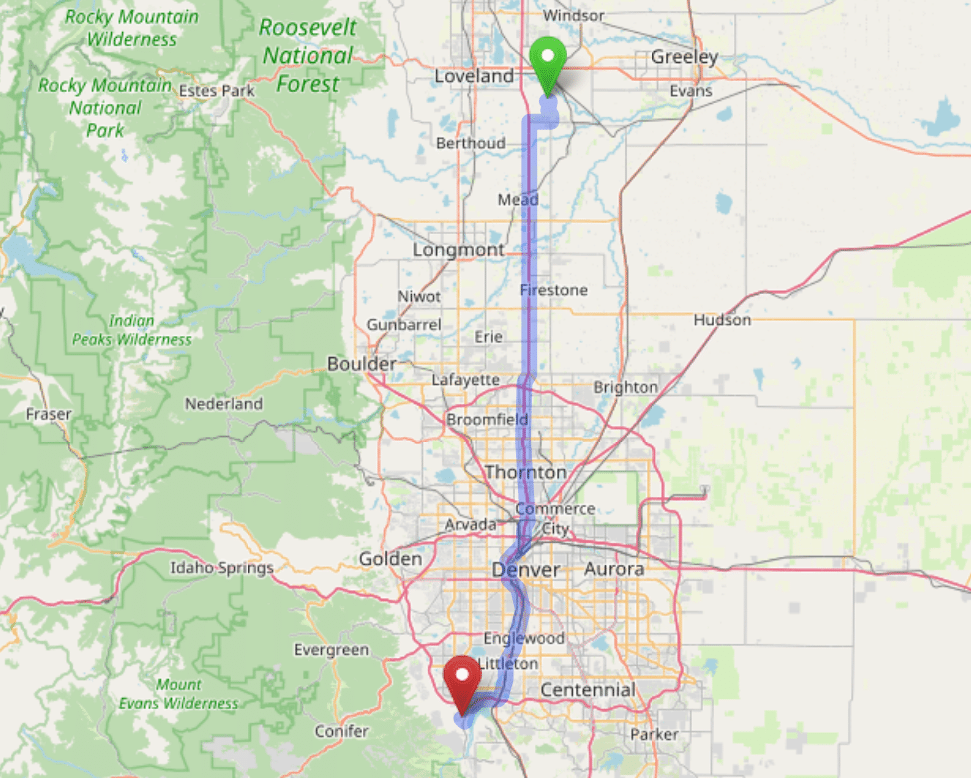 map navigation directions from Johnstown to Gallus Detox Littleton CO