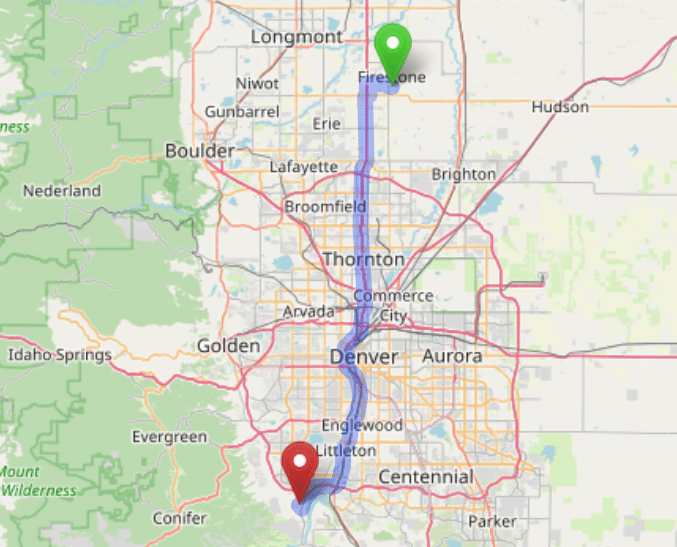 map navigation directions from Frederick to Gallus Detox Littleton CO