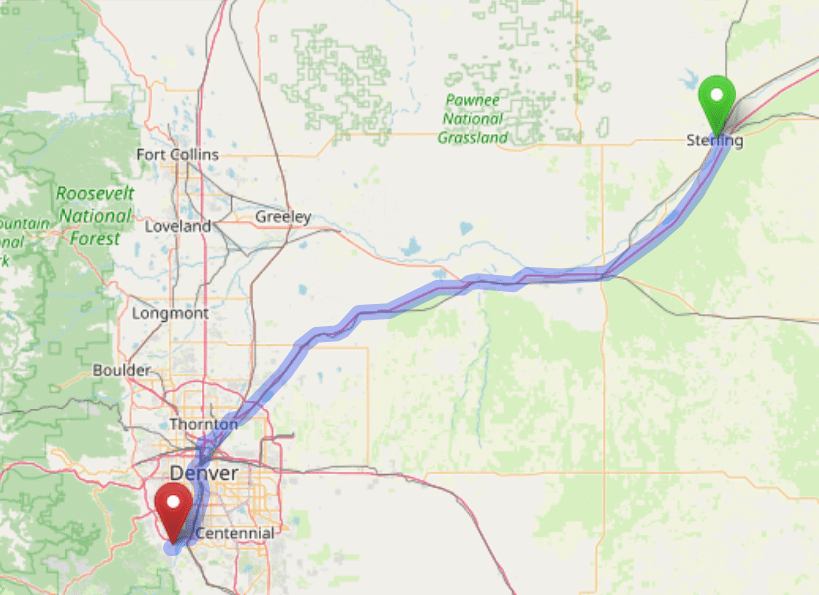 map navigation directions from Sterling to Gallus Detox Littleton CO