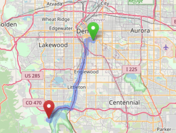 map navigation directions from Cherry Creek to Gallus Detox Littleton CO
