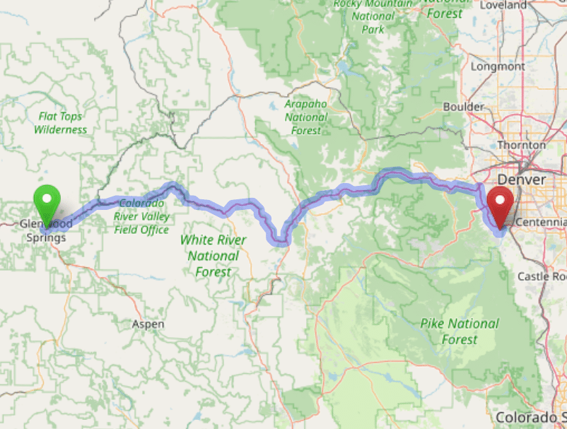 map navigation directions from Glenwood Springs to Gallus Detox Littleton CO