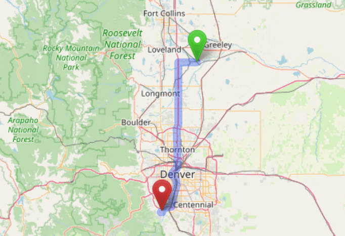 map navigation directions from Milliken to Gallus Detox Littleton CO