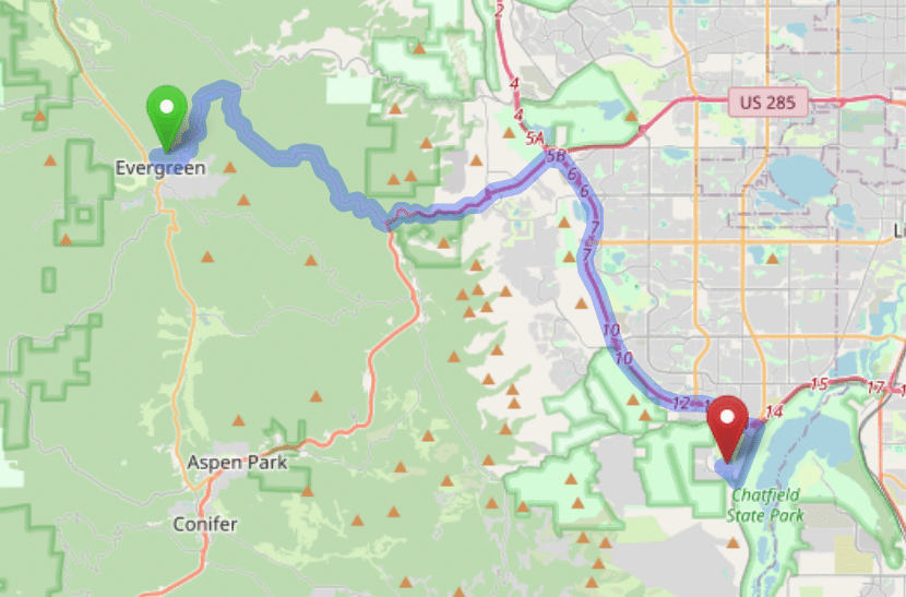 map navigation directions from Evergreen to Gallus Detox Littleton CO
