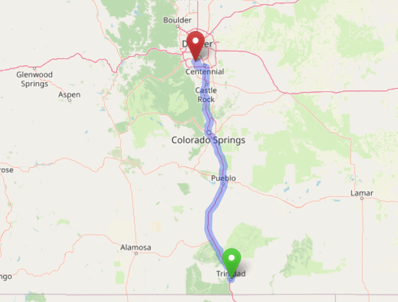 map navigation directions from Trinidad to Gallus Detox Littleton CO