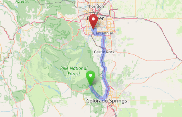 map navigation directions from Woodland Park to Gallus Detox Littleton CO