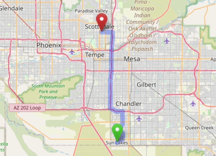 map navigation directions from Sun Lakes AZ to Gallus Detox Scottsdale