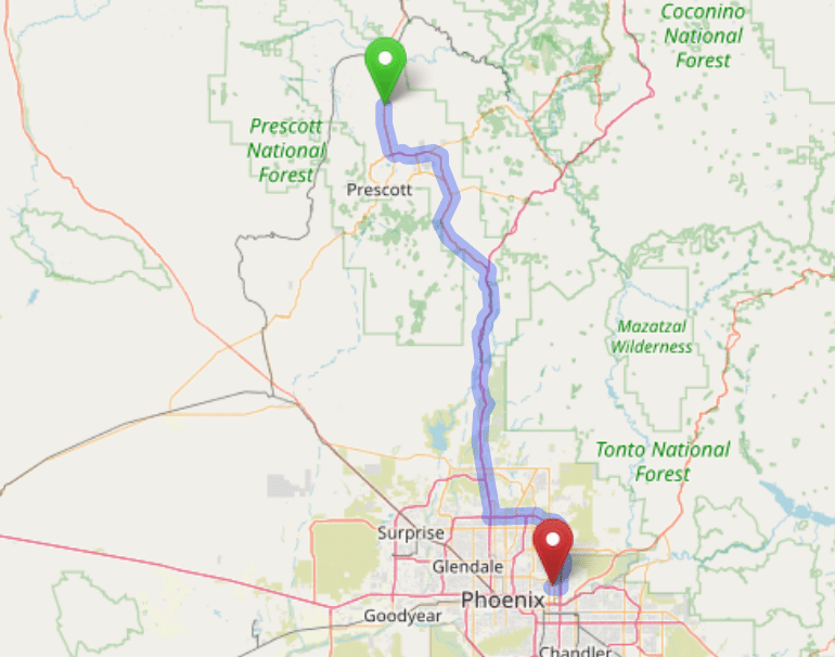 map navigation directions from Chino Valley AZ to Gallus Detox Scottsdale