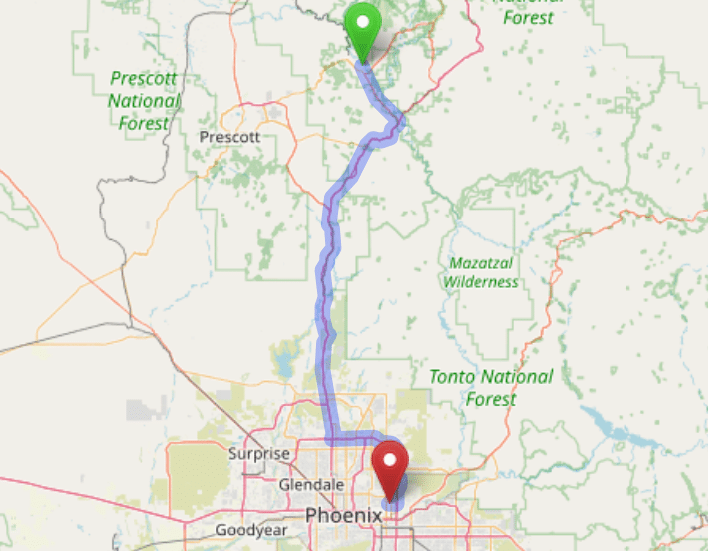 map navigation directions from Cottonwood city AZ to Gallus Detox Scottsdale