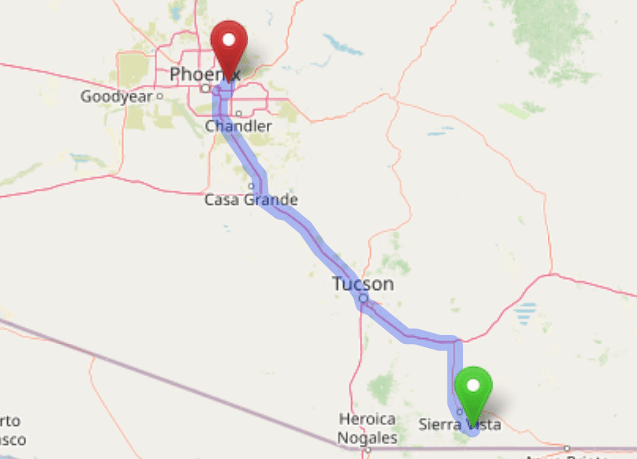 map navigation directions from Sierra Vista Southeast AZ to Gallus Detox Scottsdale