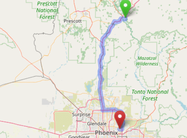 map navigation directions from Camp Verde AZ to Gallus Detox Scottsdale