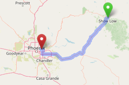 map navigation directions from Show Low AZ to Gallus Detox Scottsdale