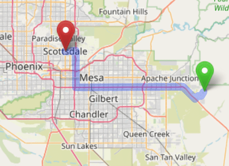 map navigation directions from Gold Canyon AZ to Gallus Detox Scottsdale