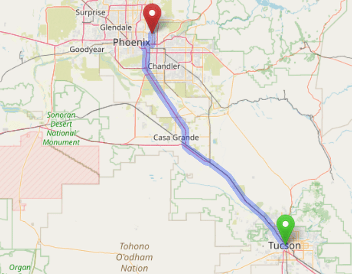 map navigation directions from Tucson Mountains AZ to Gallus Detox Scottsdale