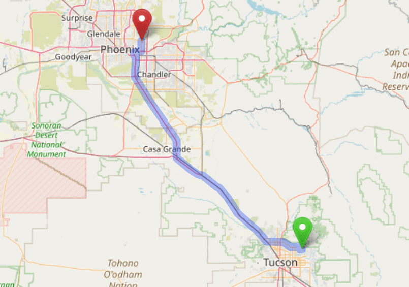 map navigation directions from Corona Tucson AZ to Gallus Detox Scottsdale