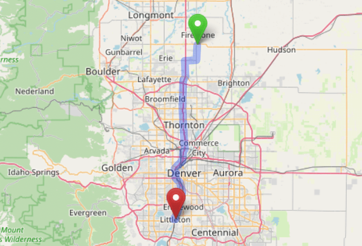 map navigation directions from Dacono to Gallus Detox Littleton CO