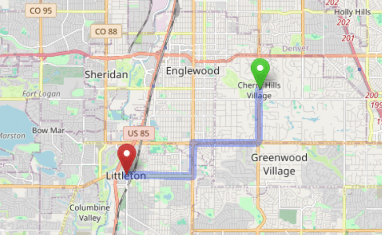 map navigation directions from Cherry Hills Village to Gallus Detox Littleton CO