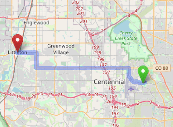 map navigation directions from Dove Valley to Gallus Detox Littleton CO