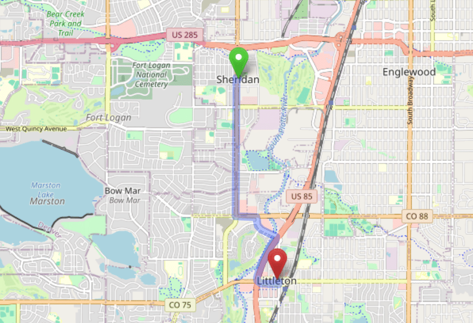 map navigation directions from Sheridan to Gallus Detox Littleton CO